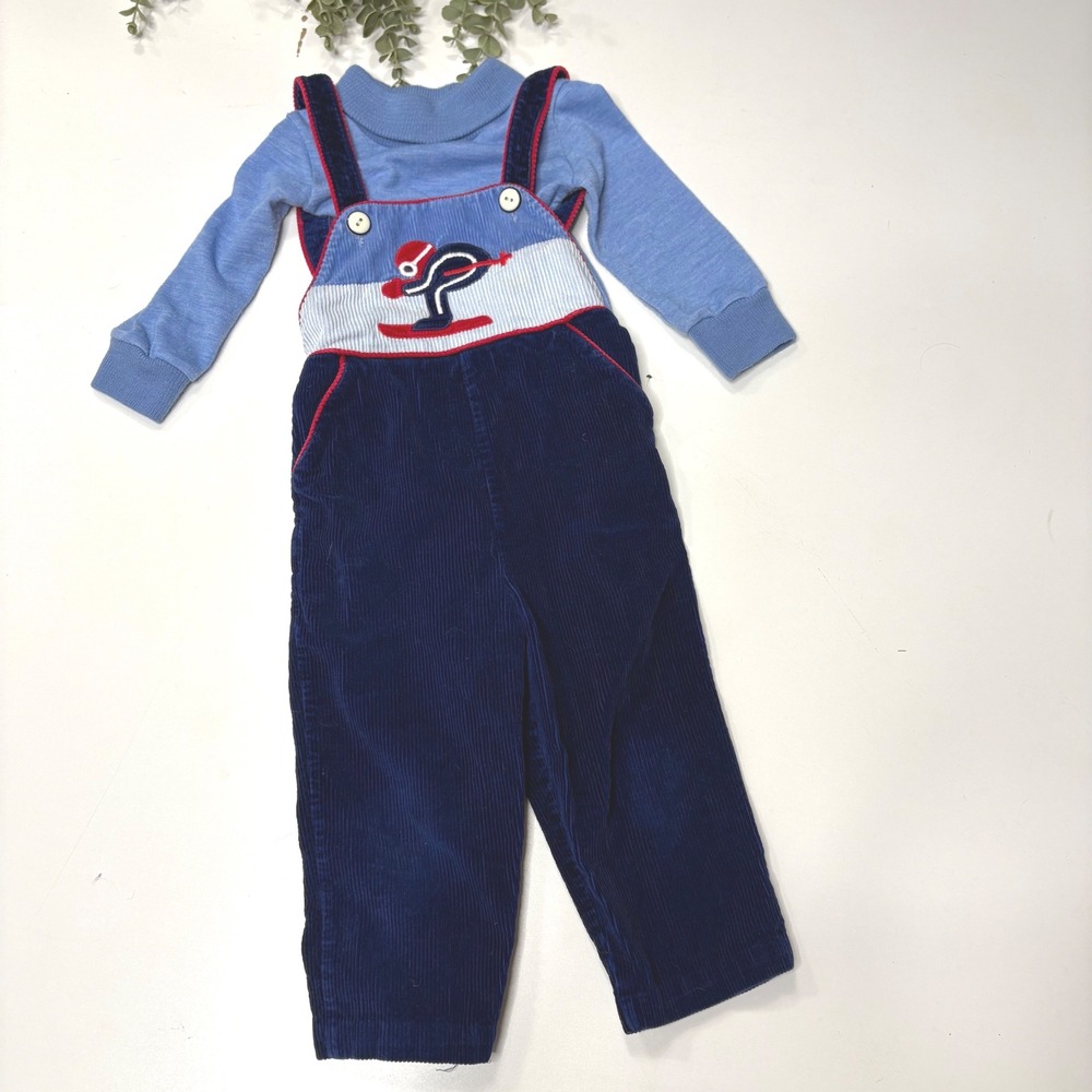 Vintage Kids 2T Corduroy Overalls‎ Set Navy Blue Skiing Applique Mock Neck Shirt